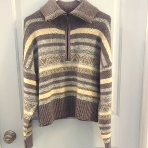 Frye Fair Isle Striped Gray and Creamy  Women's Sweater With Collar And Zipper